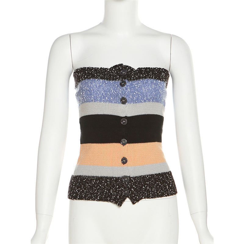 Women's Striped Bandeau Top with Decorative Buttons