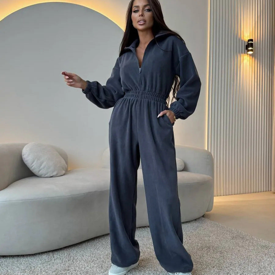 Elegant Jumpsuit with Short Zipper and Elastic Waistband