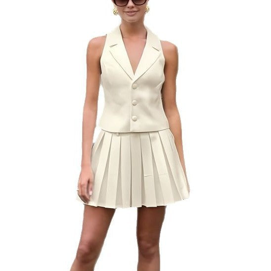 Women's Sleeveless Blazer with Pleated Skirt