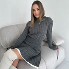 Women's Cable Knit Set with Polo Collar and A-Line Skirt