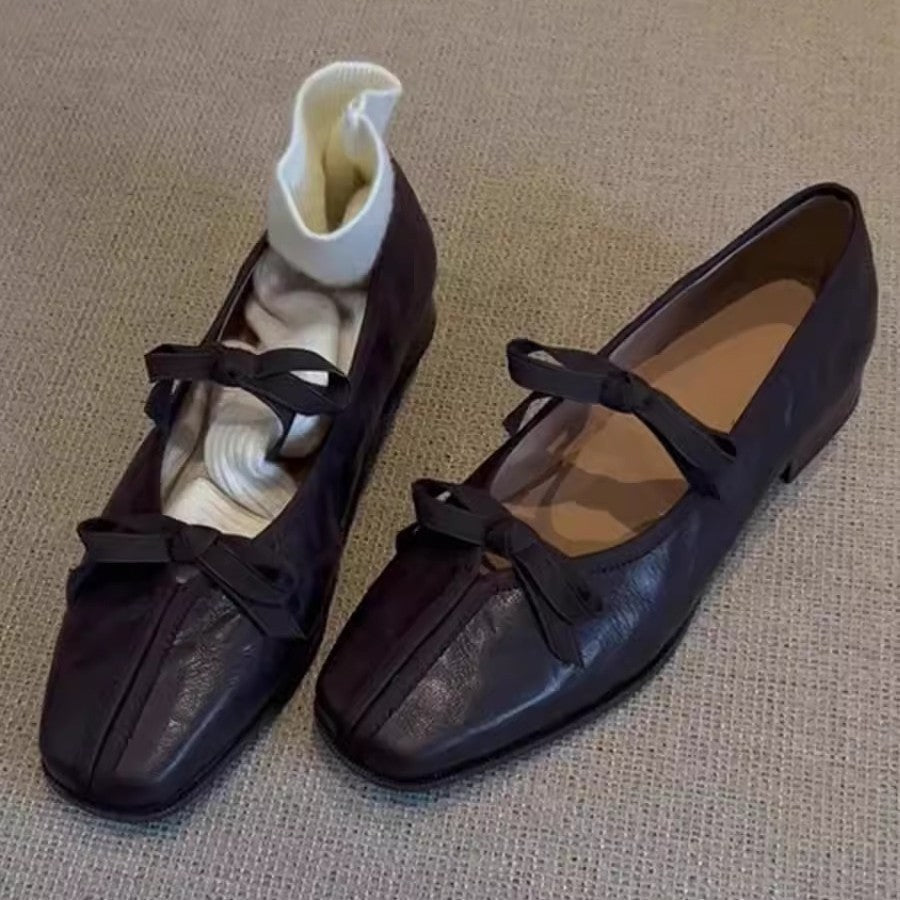 Women's Ballet Flats with Bow Detail and Leather Upper