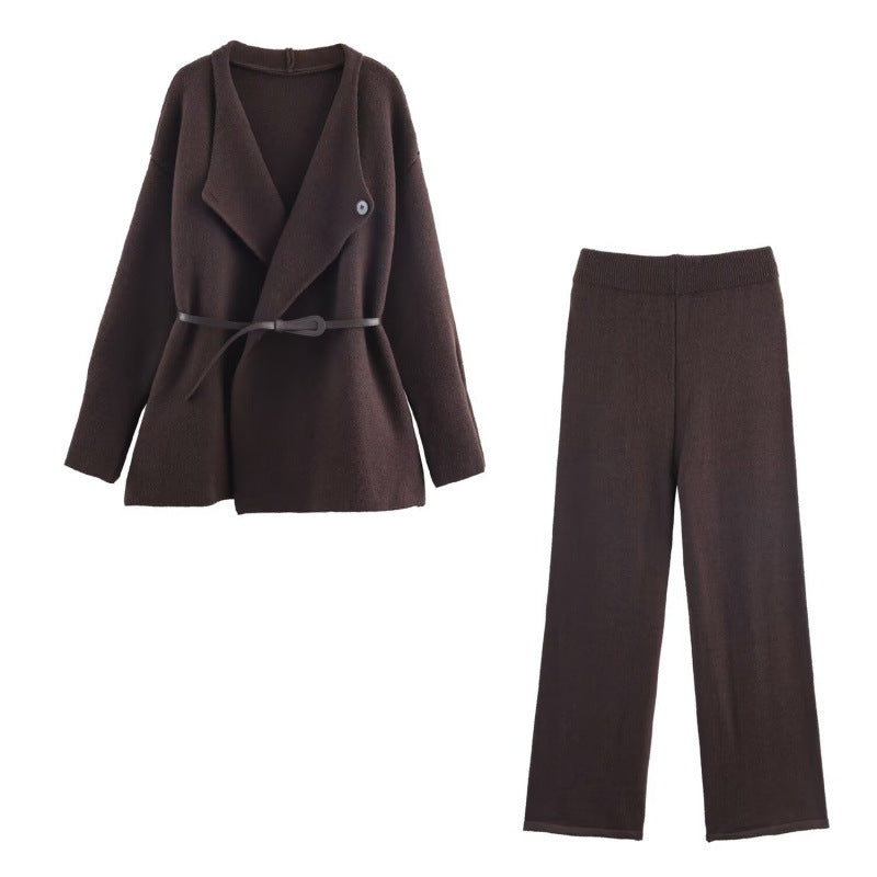 Women's Elegant Knit Set with Tailored Blazer and Wide-Leg Pants