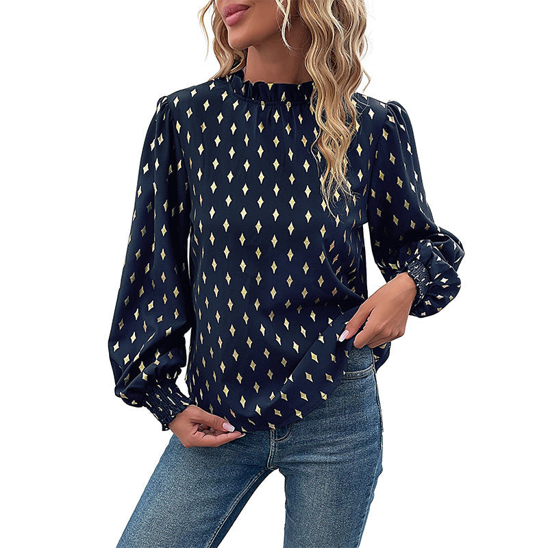 Women's Blouse with High-Quality Print and Puff Sleeves