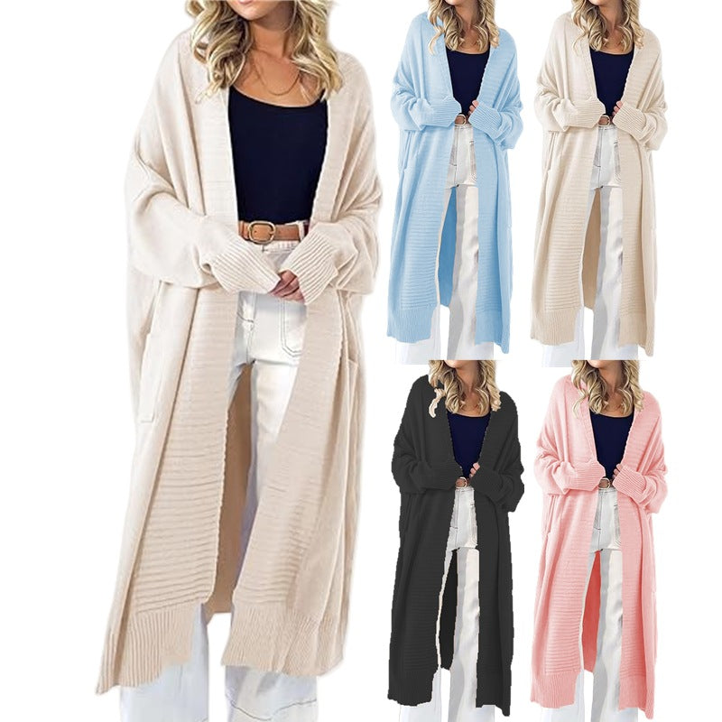 Women's Lightweight Knit Coat with Wide Sleeves and Pockets