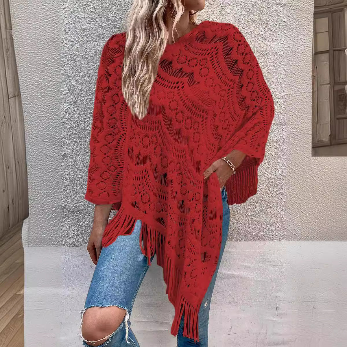 Elegant Poncho with Decorative Crochet Pattern