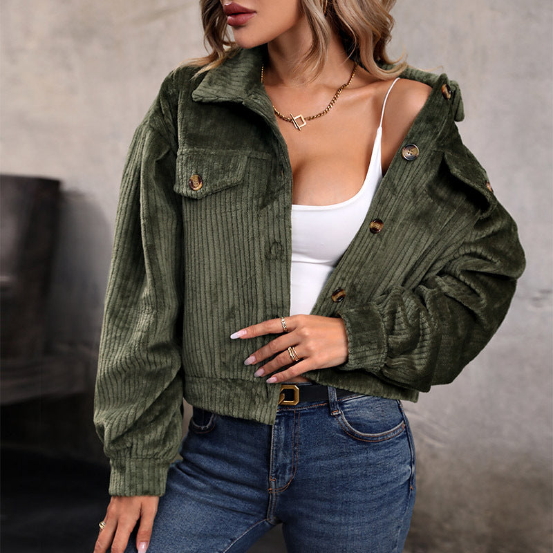 Women's Casual Corduroy Jacket with Two Chest Pockets and Button Placket