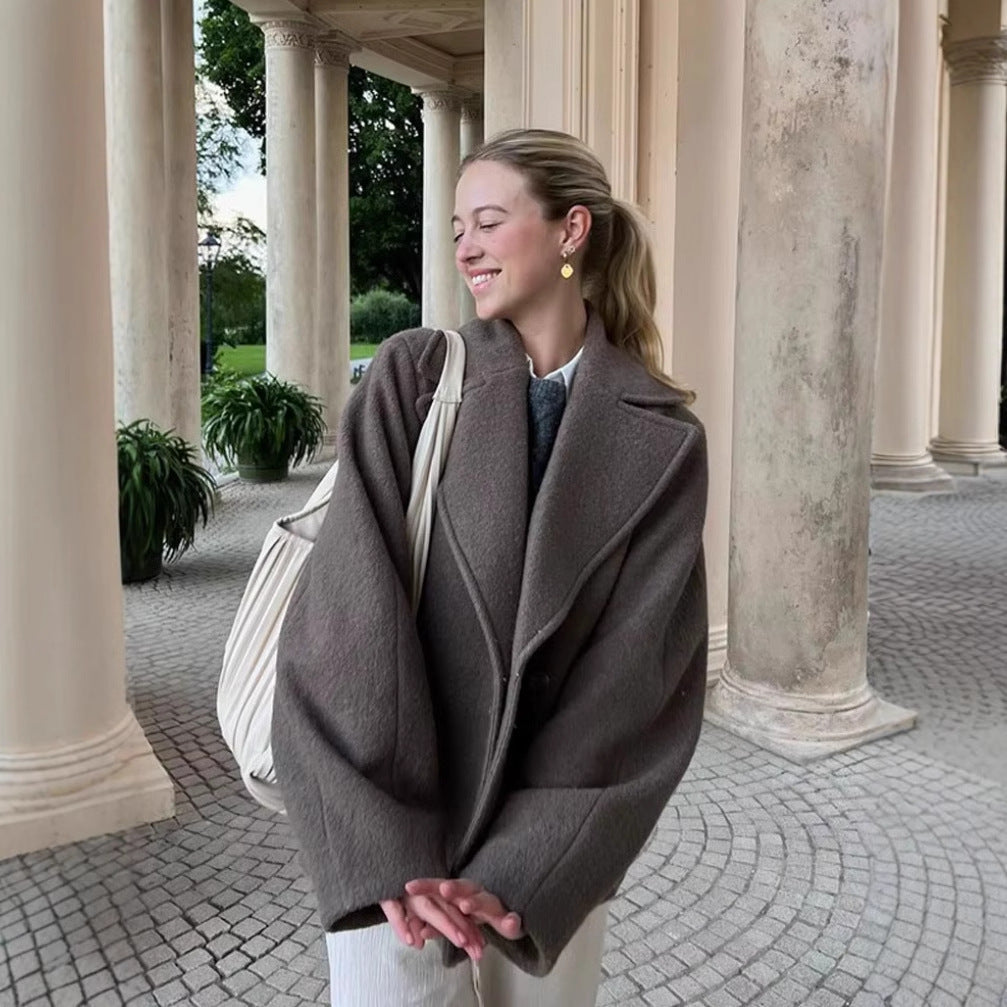 Women's Elegant Warm Wool Jacket with Lapel Collar