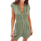 Women's V-Neck Jumpsuit with Decorative Buttons