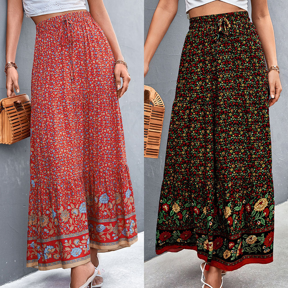 Floral Pattern Maxi Skirt with Elastic Waistband
