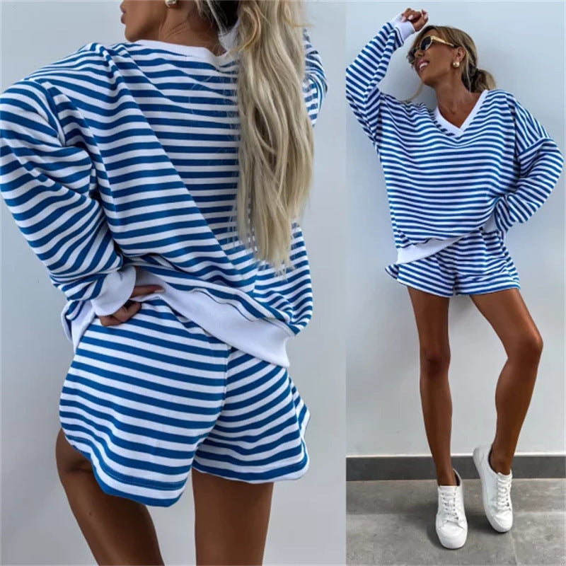 Women's Casual Short-Sleeve Set with Maritime Stripe Pattern and Elastic Waist