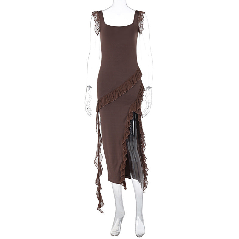 Women's Asymmetrical Maxi Dress with Ruffles and High Slit