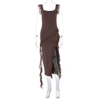 Women's Asymmetrical Maxi Dress with Ruffles and High Slit