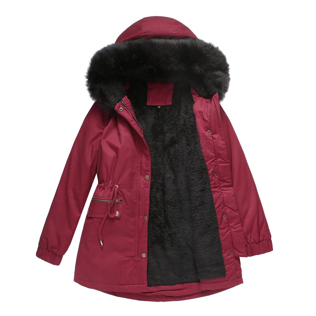 Women's Insulated Parka with Detachable Faux Fur Collar and Adjustable Waist