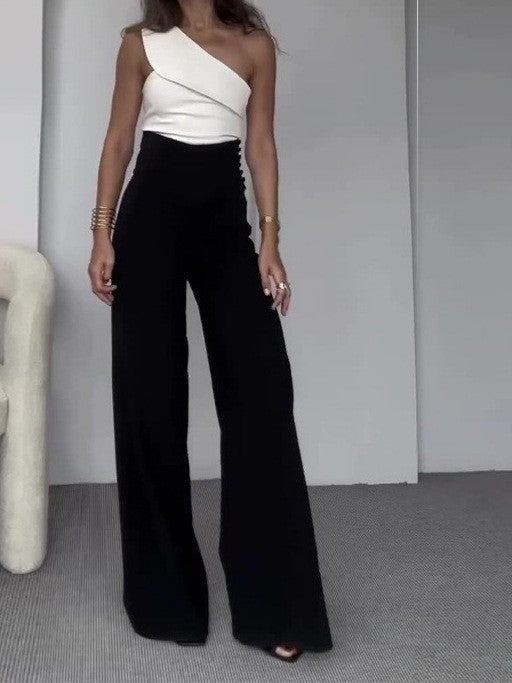 One-Sided Wide-Leg Jumpsuit with Decorative Neckline