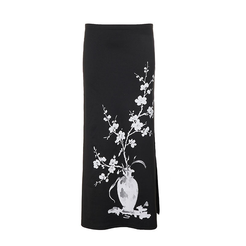 Women's Flared Maxi Skirt with Floral Vase Print