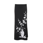 Women's Flared Maxi Skirt with Floral Vase Print