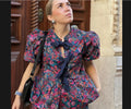 Blouse with Voluminous Sleeves and Floral Patterns