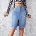 Women's Midi Denim Skirt with Frayed Hem and Vertical Slit