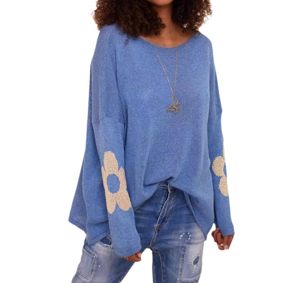 Women's Chunky Knit Sweater with Floral Design and Wide Fit