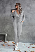 Women's Casual Long-Sleeve Wrap Jumpsuit with Elastic Waist