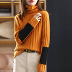 Women's Chunky Knit Turtleneck Sweater with Striped Pattern