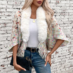 Women's Elegant Poncho with Luxurious Faux Fur Collar and Fringe