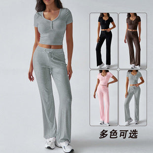 Women's Comfortable Leisure Set with Short Top and Wide-Leg Pants