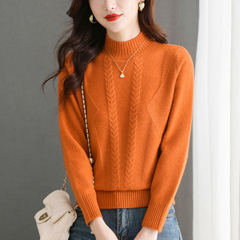 Women's Chunky Knit Sweater with Cable Pattern and High Neck
