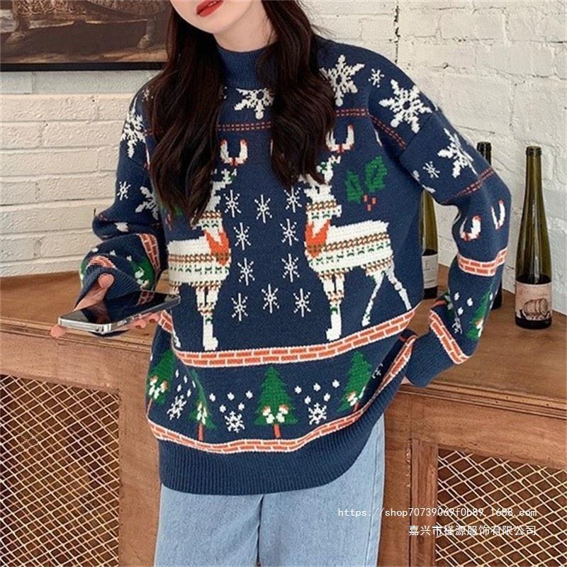 Women's Festive Sweater with 3D Reindeer Motif and High Collar