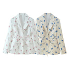 Elegant Blazer Jacket with Floral Pattern and Adjustable Belt