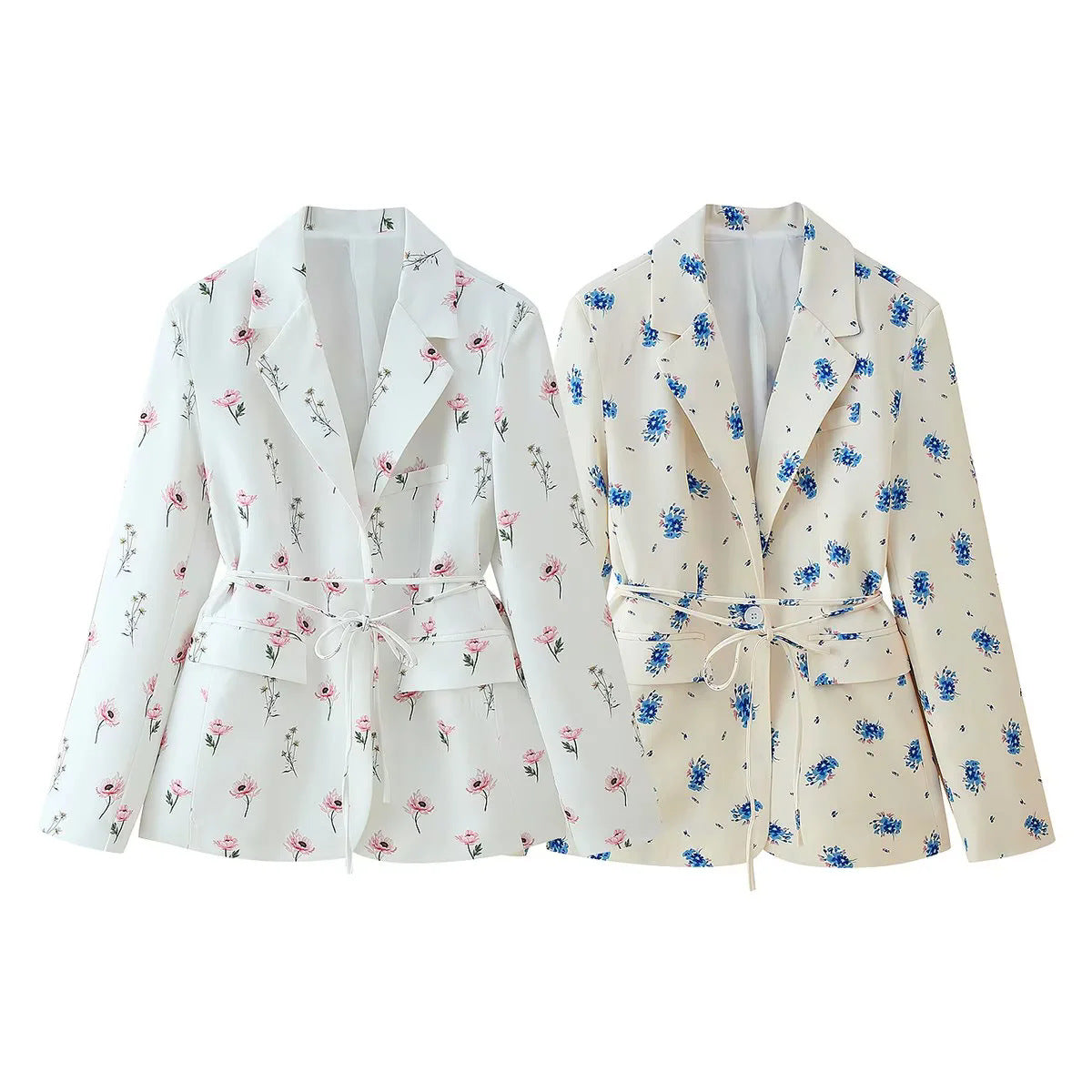 Elegant Blazer Jacket with Floral Pattern and Adjustable Belt