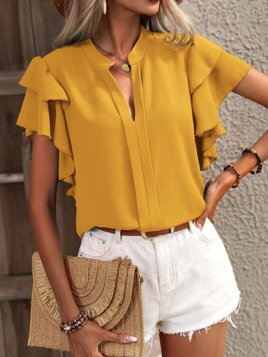 Women's Blouse with Ruffle Details and Elegant V-Neck