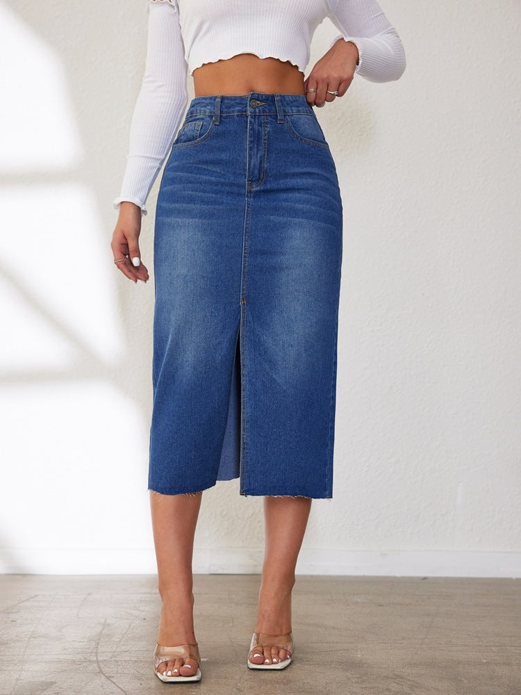 Women's Midi Denim Skirt with Slit and Casual A-Line Cut