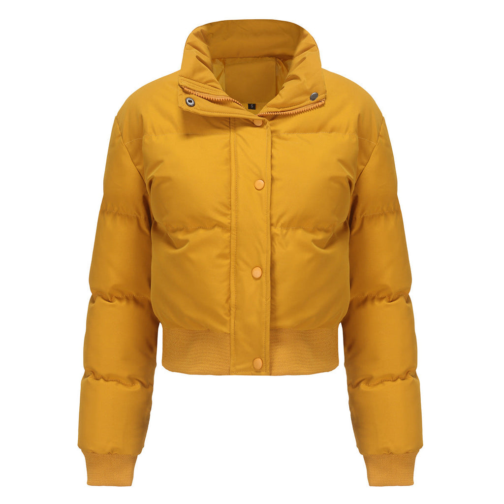 Women's Cropped Quilted Jacket with High Collar and Snap Buttons