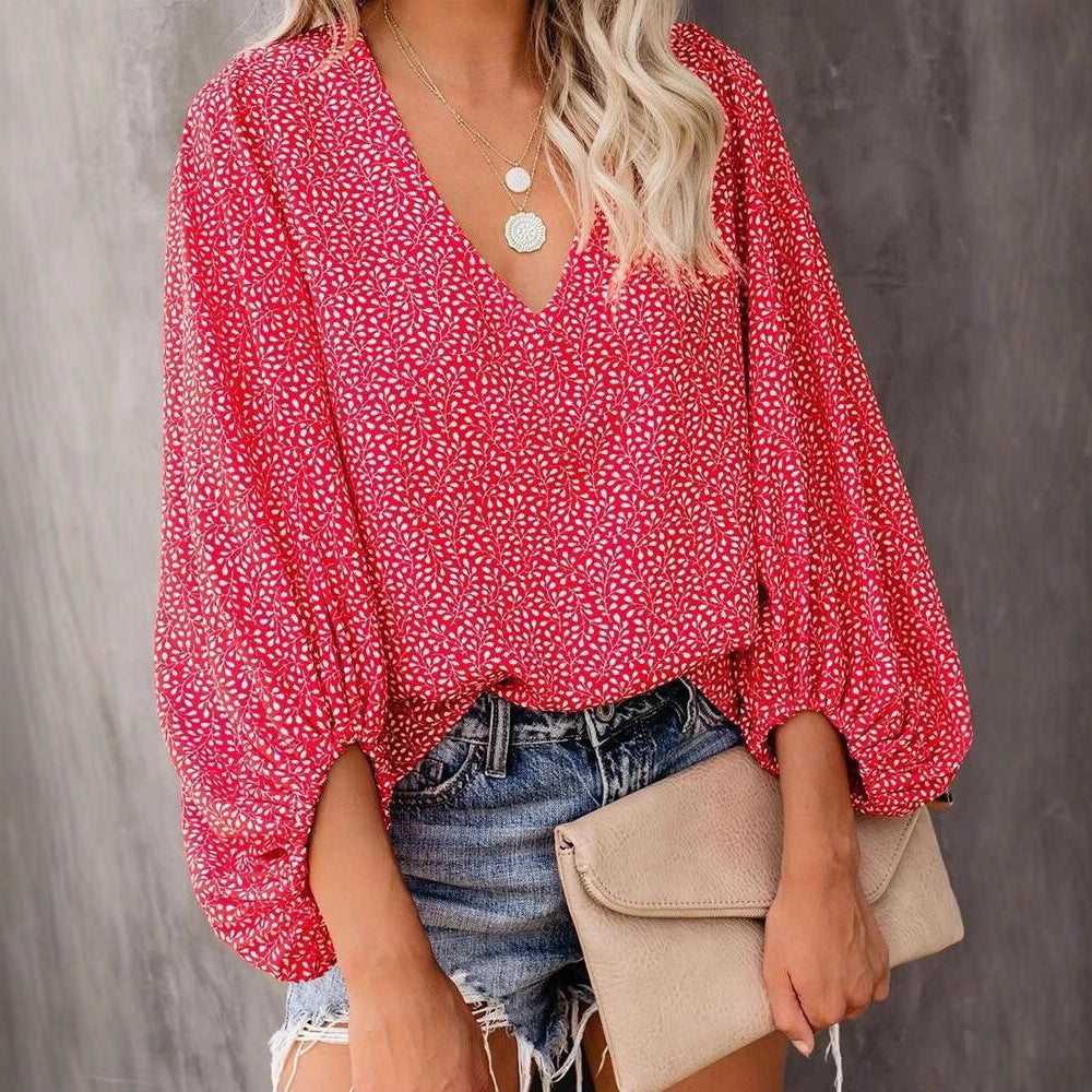 Women's Blouse with Wide Sleeves and Floral Pattern