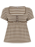 Women's Short-Sleeve Blouse with Gathered Hem and Button Placket