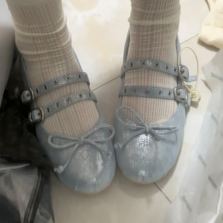 Women's Ballet Flats with Double Strap Design and Delicate Bow Detail