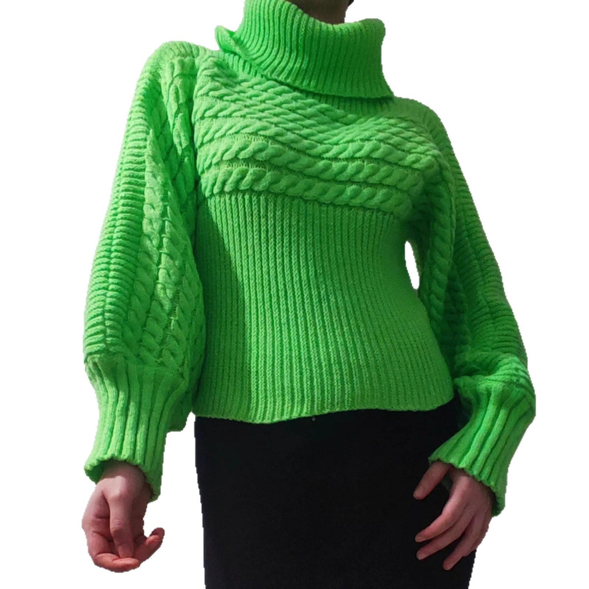 Women's Chunky Knit Sweater with Wide Turtleneck and Voluminous Sleeves