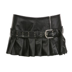 Women's Faux Leather Mini Skirt with Ruffles and Decorative Studs