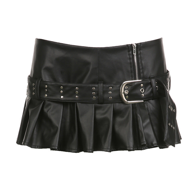 Women's Faux Leather Mini Skirt with Ruffles and Decorative Studs