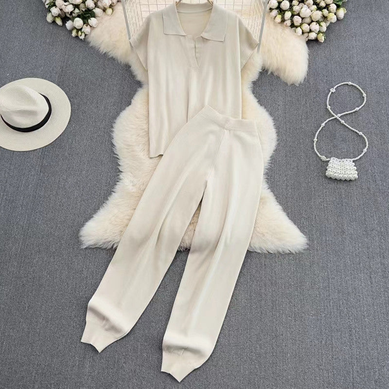 Women's Elegant Lounge Set with Short-Sleeve Polo and Wide-Leg Pants