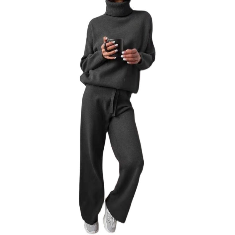Women's Elegant Knit Loungewear Set with High Neck and Wide Leg