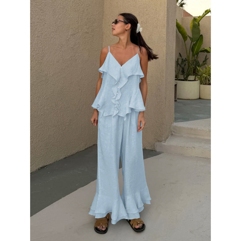 Women's Lightweight and Airy Combination of Ruffle Top and Wide Pants