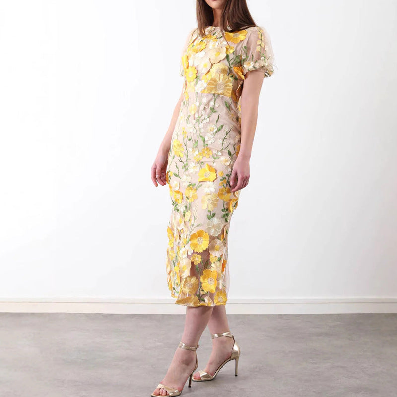 Women's Floral Dress with 3D Flower Appliqués