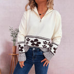 Women's Chunky Knit Sweater with Floral Patterns and Practical Half-Sleeves
