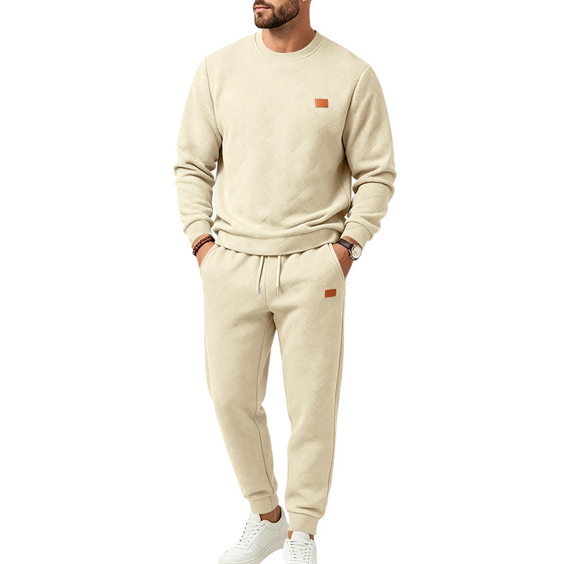 Men's leisure jogging suit made of textured fleece with round neckline and drawstring waistband