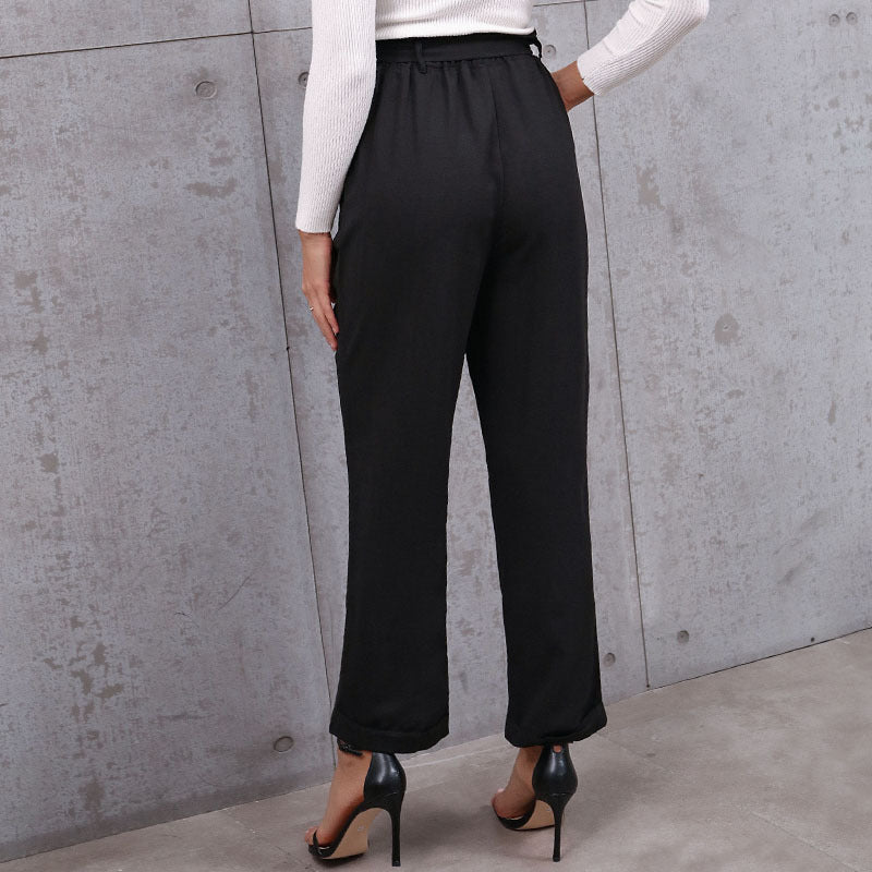 Women's Elegant High-Waist Trousers with Tie Belt and Wide Leg