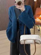 Women's Chunky Knit Cardigan with Drop Shoulders and Button Closure