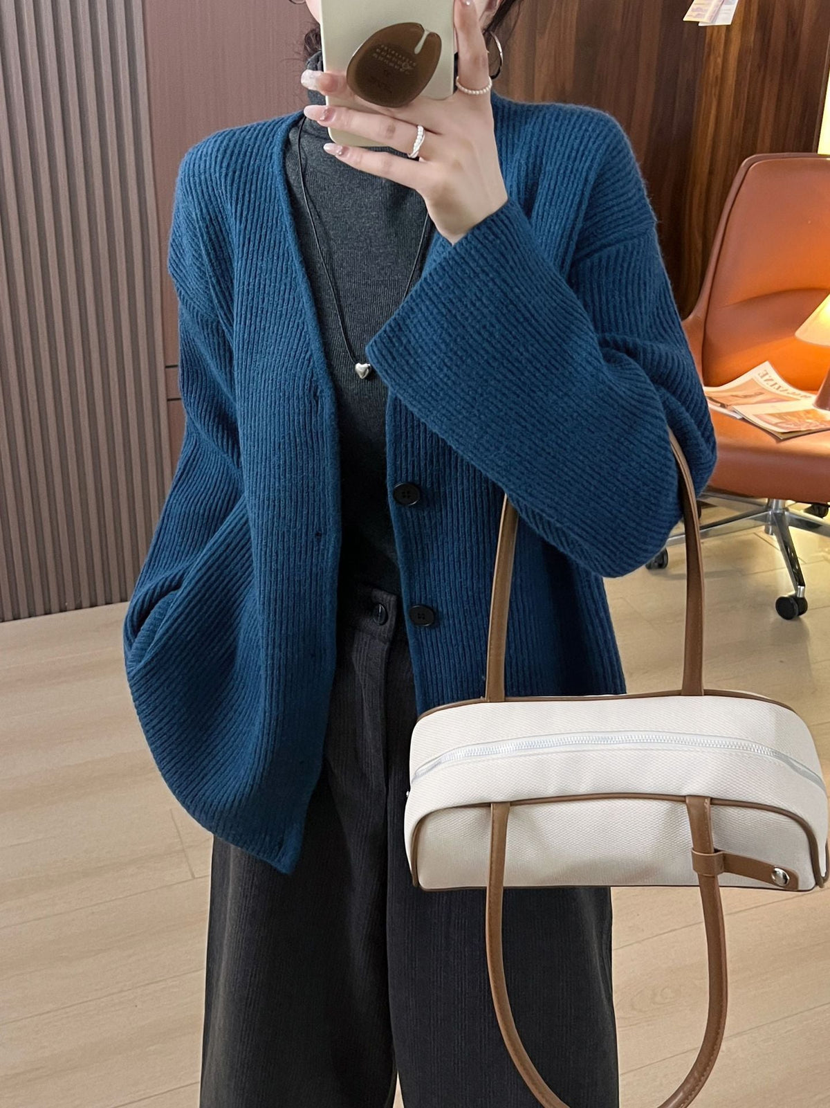 Women's Chunky Knit Cardigan with Drop Shoulders and Button Closure
