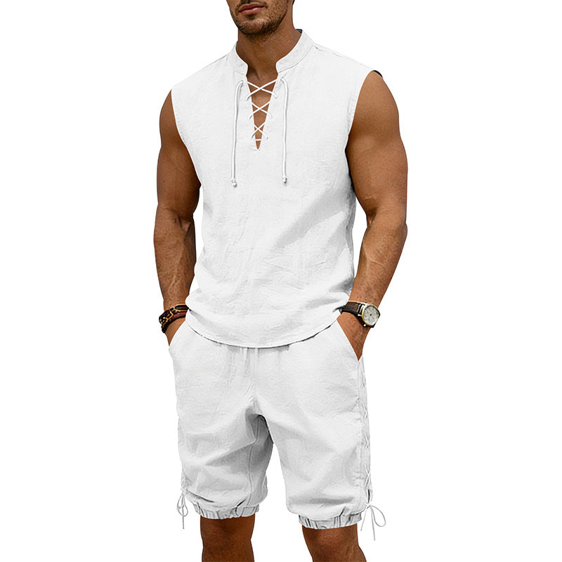 Men's Sleeveless Leisure Set with Lace Collar and Drawstring Bermuda